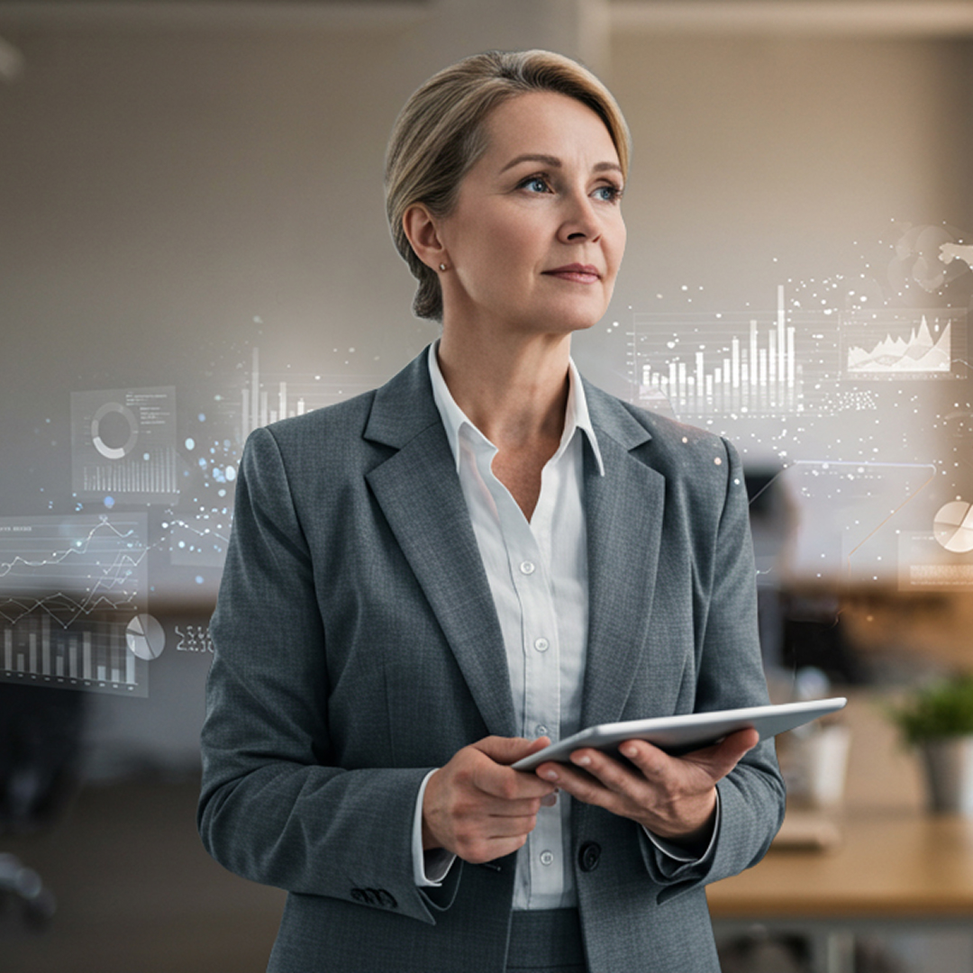 Senior leader using a tablet with AI analytics dashboards in the background