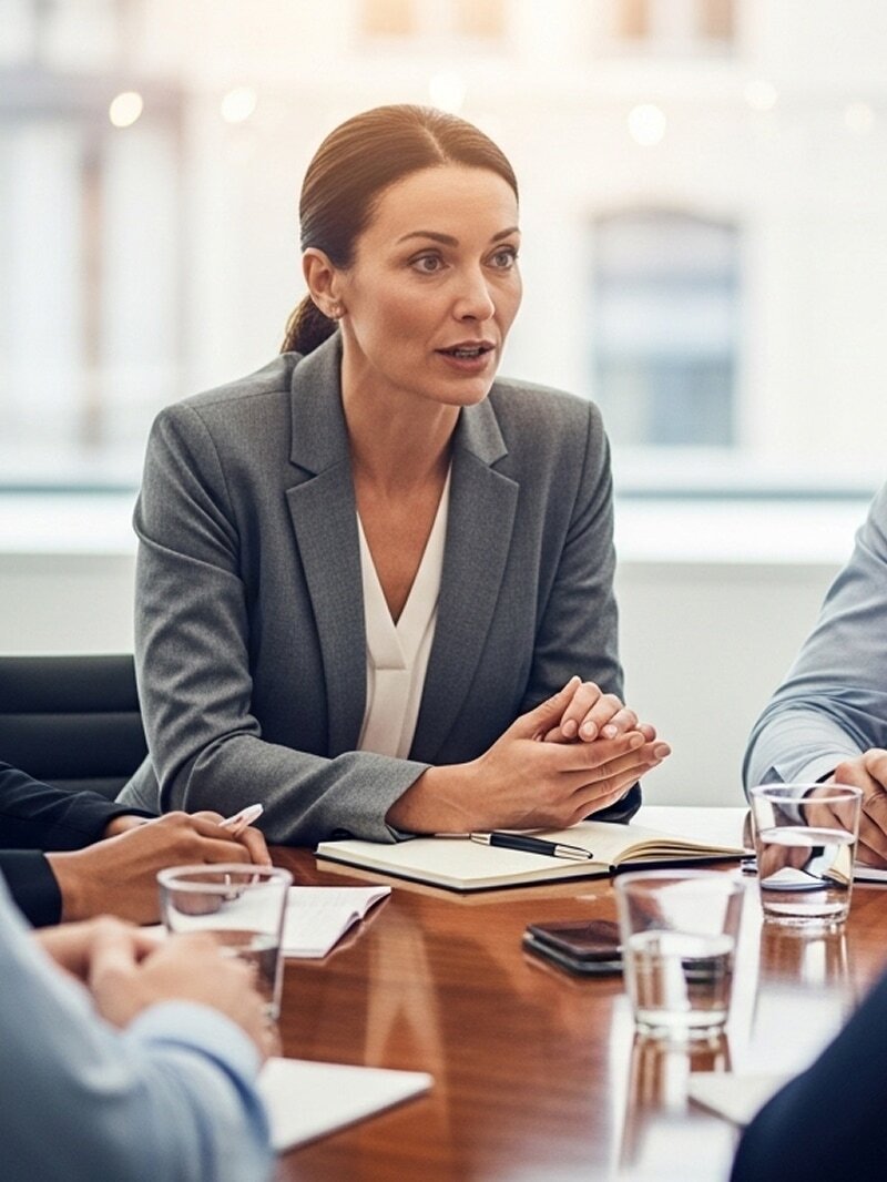 Executive presenting with clarity and confidence in a board-facing environment