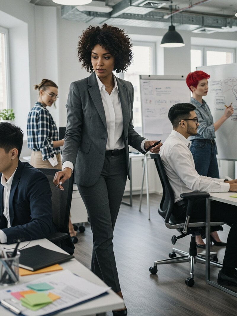 Senior female executive leading a cross-functional team in an active office environment, with colleagues working at computers and collaborating at a whiteboard