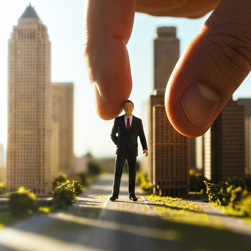 Conceptual illustration of executive placement — a hand precisely positioning a business leader within a miniature city, representing strategic leadership integration