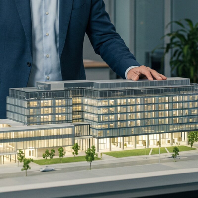  Senior executive overseeing a detailed architectural model, representing the strategic and operational scope of a COO navigating enterprise leadership