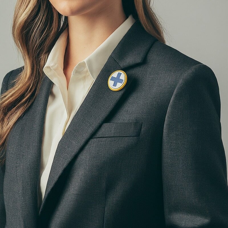 Healthcare executive wearing a medical cross lapel pin — representing senior leadership in a complex healthcare organization