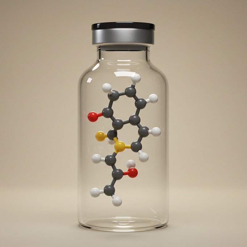 Pharmaceutical vial containing a molecular structure model — representing the scientific complexity and product pipeline pressures facing pharma leadership teams