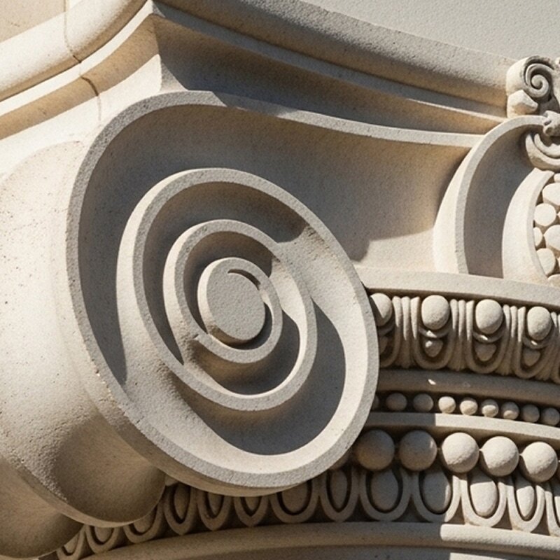 Ornate Ionic column capital on a regional financial institution building, symbolizing institutional strength and leadership foundations