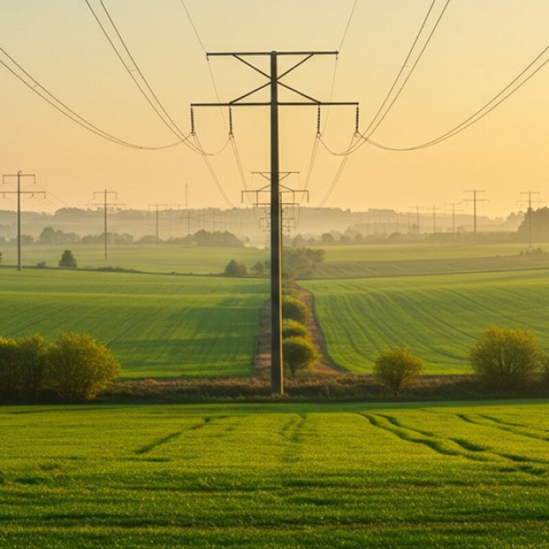 Electrical transmission lines crossing a green rural landscape at golden hour, representing the utilities sector served by Bright Arrow