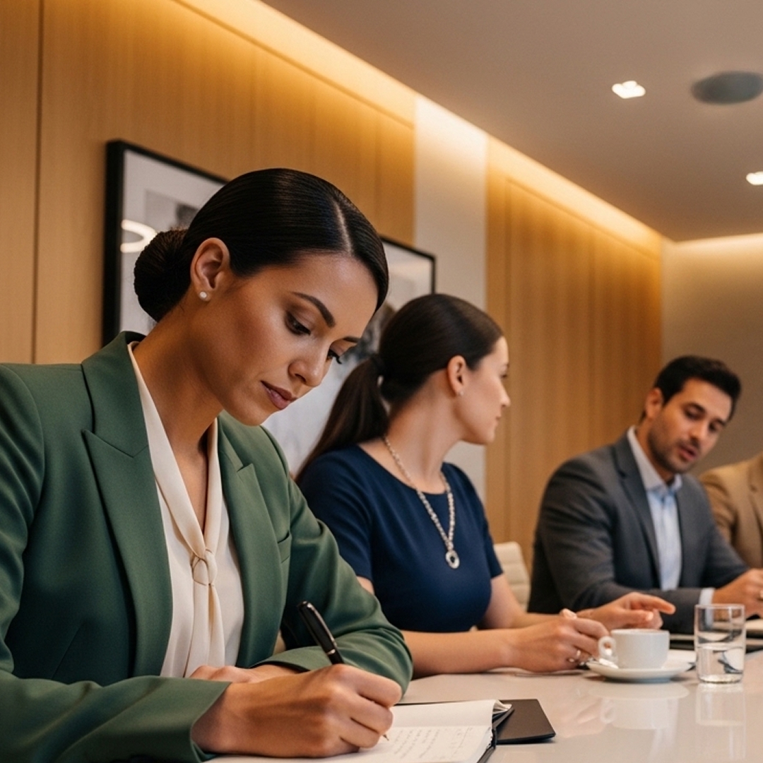 HR executive leading a strategic discussion with senior leaders in a conference room.