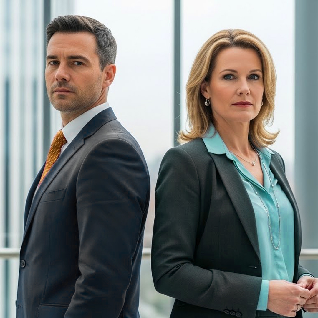 Two senior executives standing back to back in an office, conveying professional tension in leadership