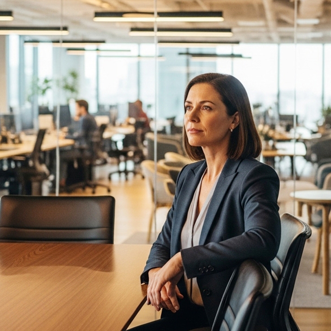 Executive seated in a glass-walled office, looking out thoughtfully as her team works behind her