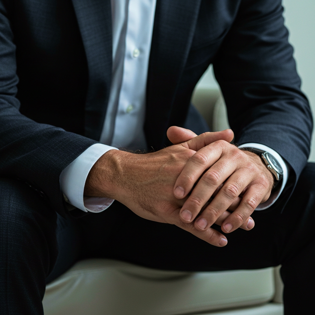 Executive in a dark suit seated with hands clasped, looking calm and composed