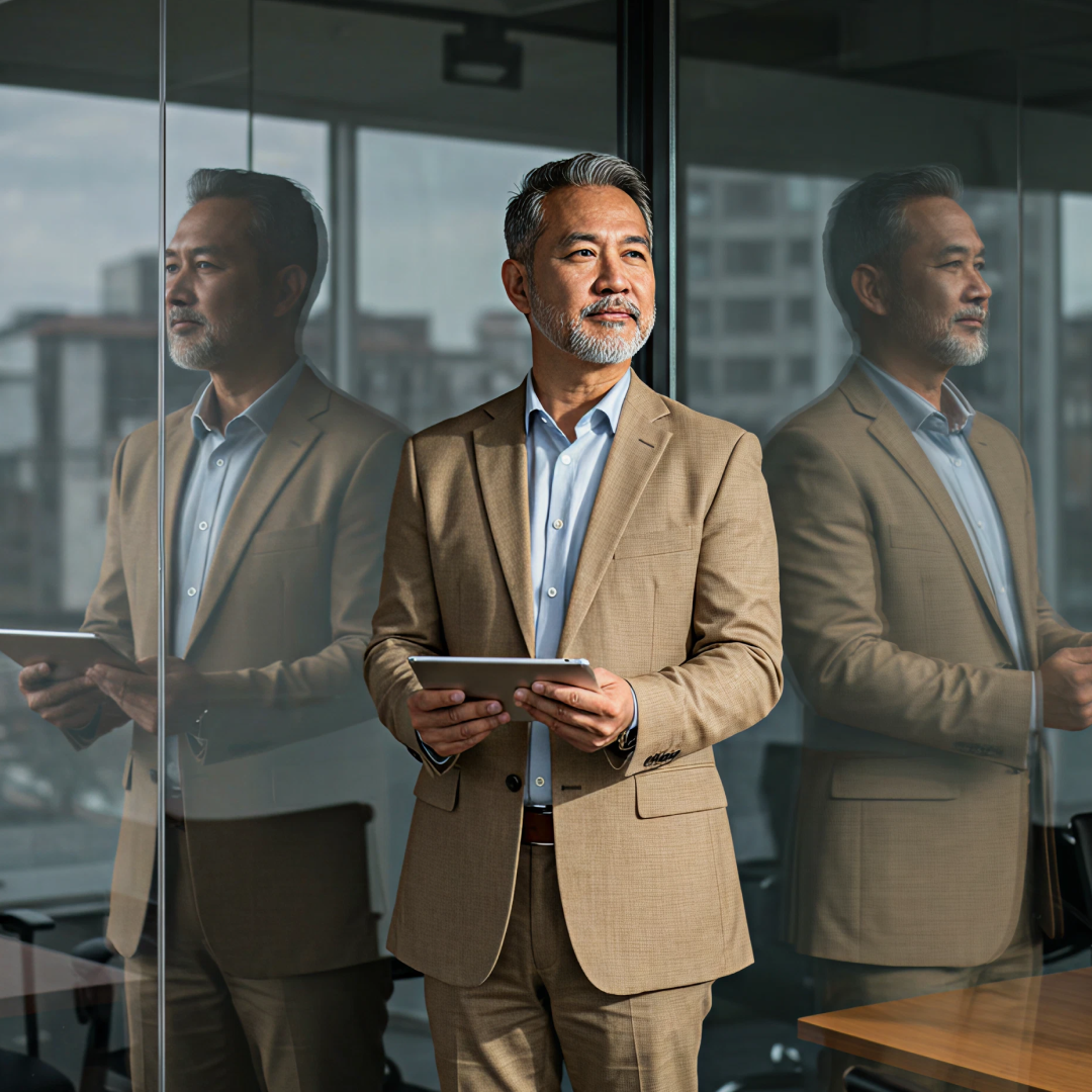 Executive holding a tablet beside glass reflections in a corporate office