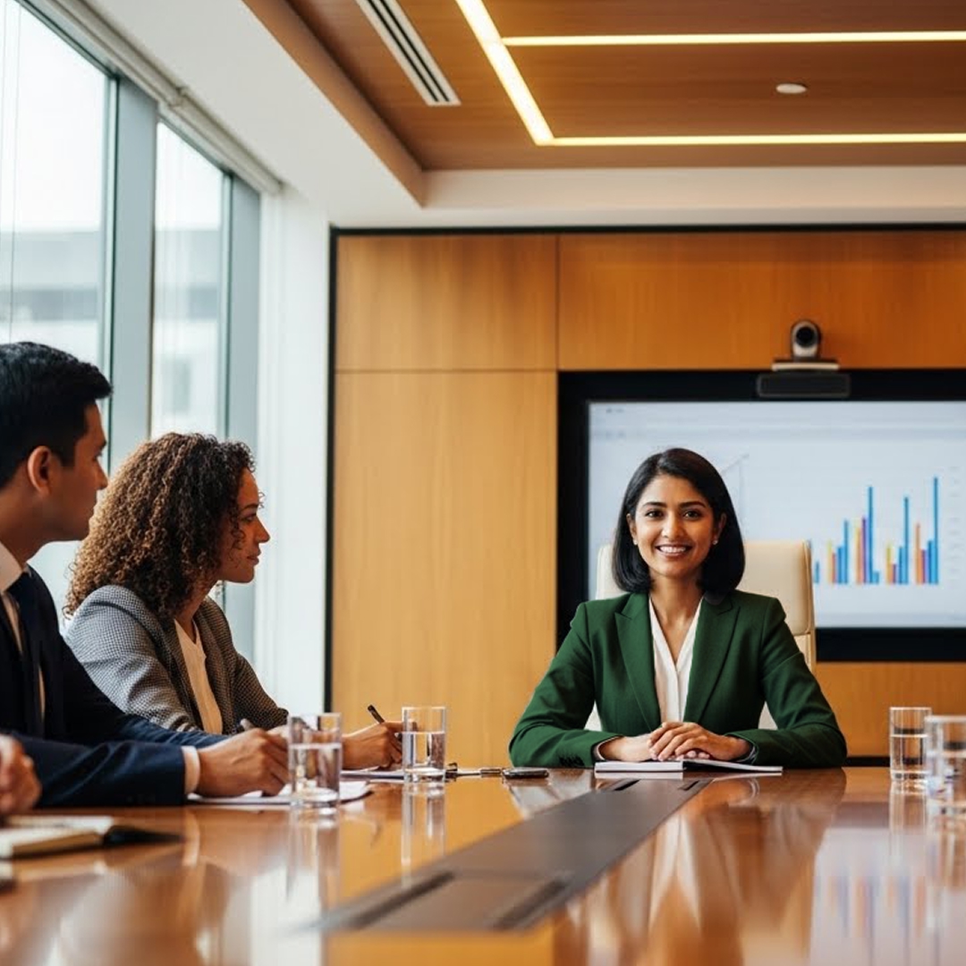 Business leader smiling with colleagues around a boardroom table during a strategy meeting