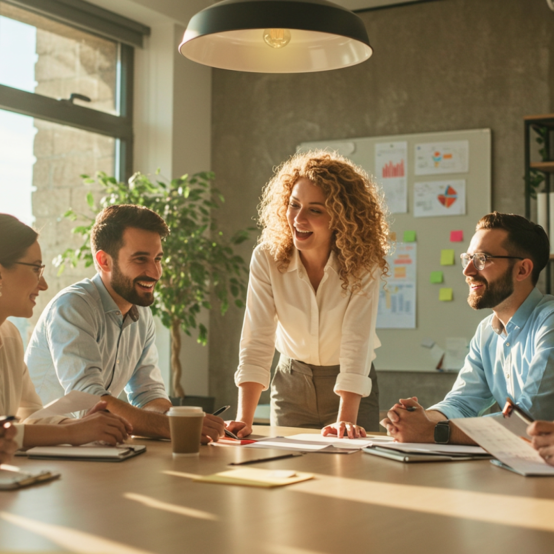 Team leader laughing with colleagues around a table during a lively brainstorming session