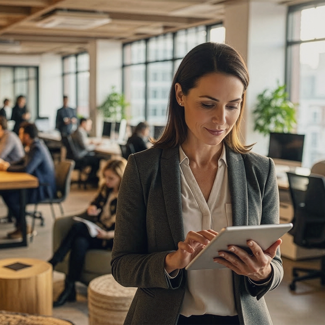 A businesswoman in a gray blazer stands using a tablet in a bright, modern open-plan office while colleagues work at desks in the background.