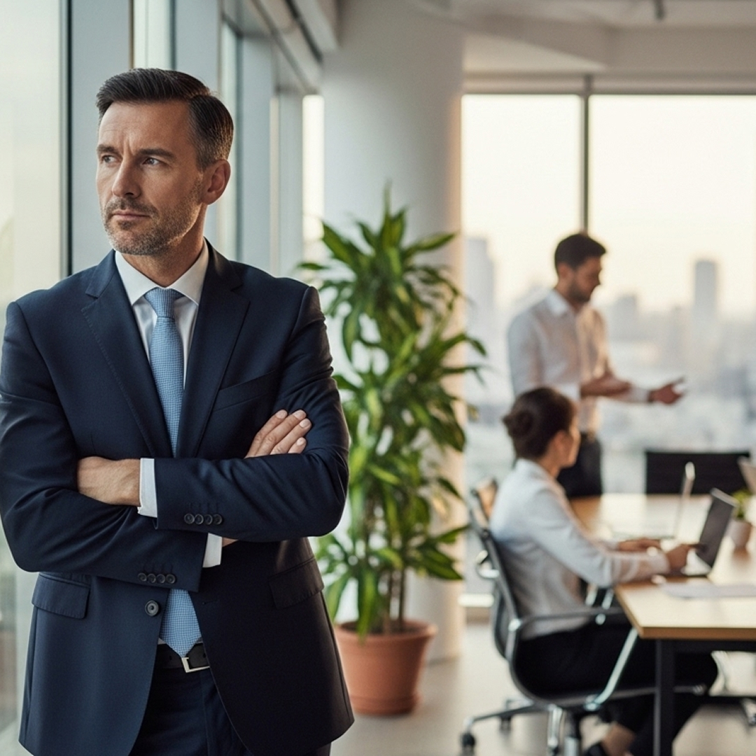 Executive standing with arms crossed in a bright office while colleagues meet in the background