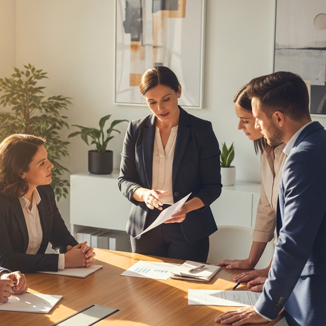 Executive reviewing a document with her team standing around a boardroom table