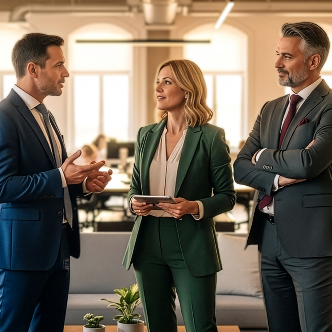 Three business professionals in suits talking in a modern office, with a woman in a green suit holding a tablet between two men in conversation.