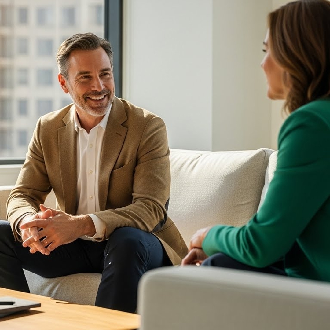 Executive coach and client talking on a sofa in a bright modern office