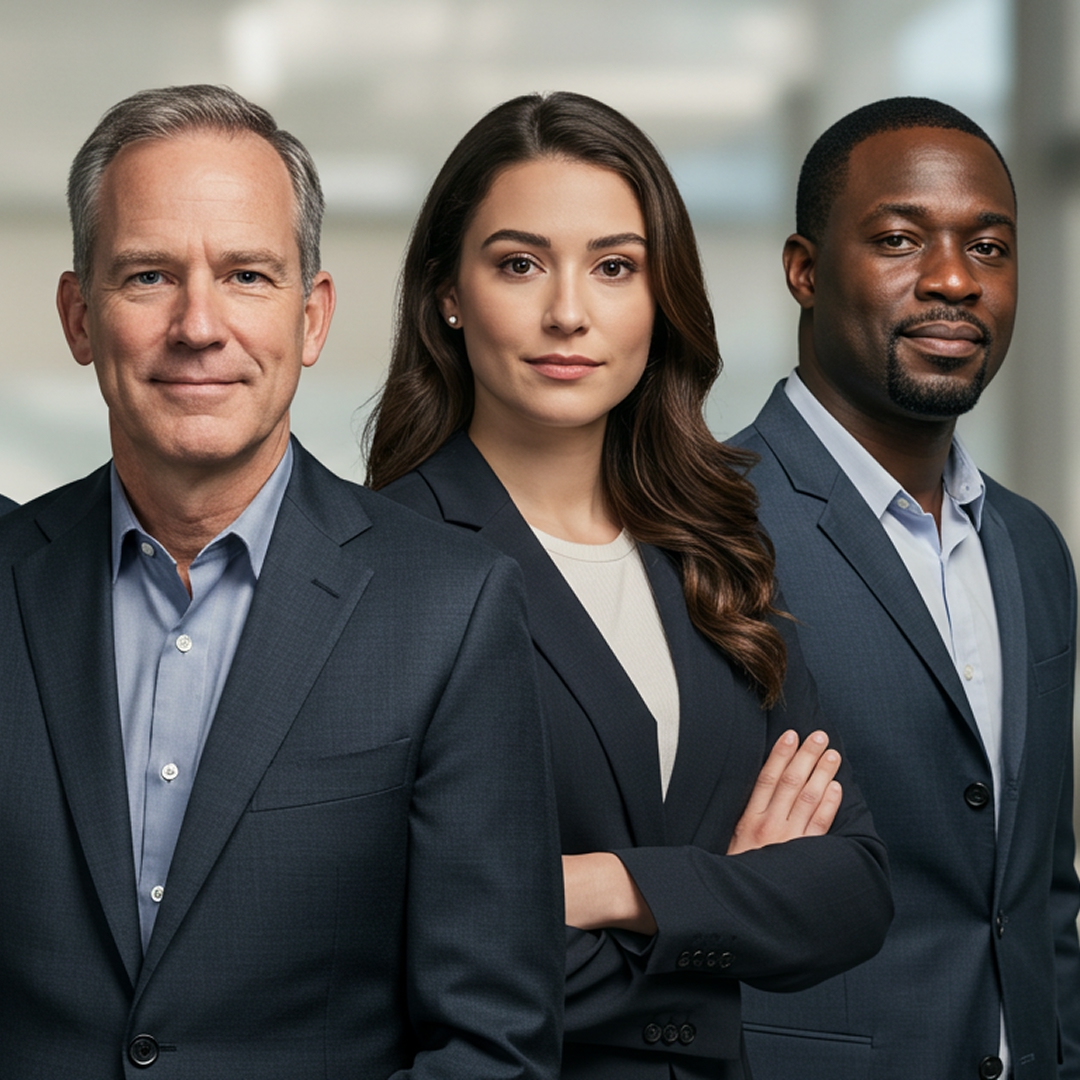 Here's the alt tag for the hero image on that page. Alt tag: Three senior leaders in dark suits standing together and facing the camera confidently