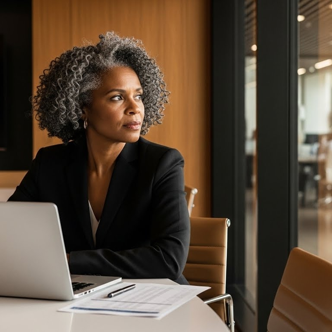 Senior executive seated at a conference table looking out the window