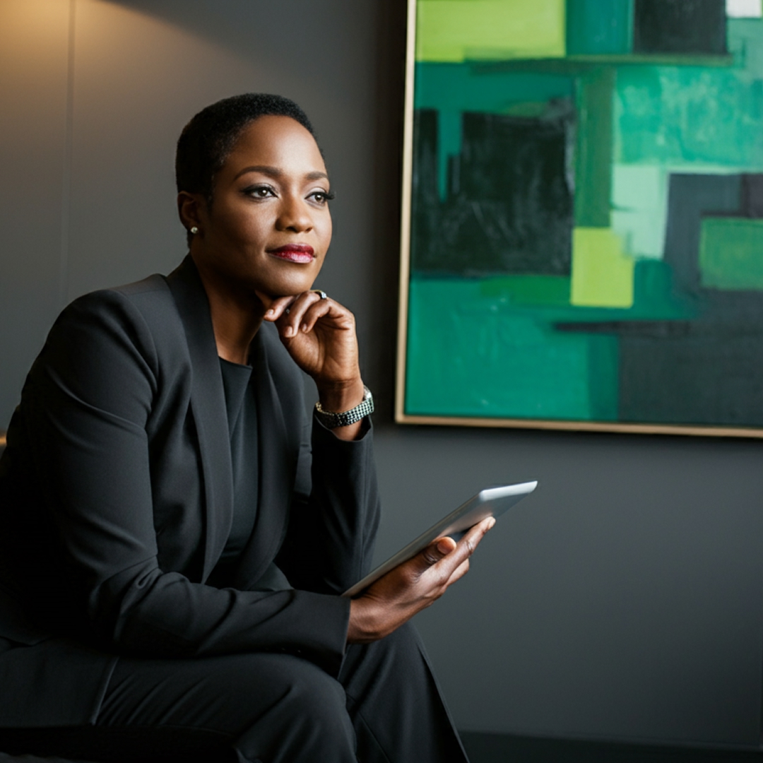 Senior executive holding a tablet, hand to chin in thought, beside a green abstract painting