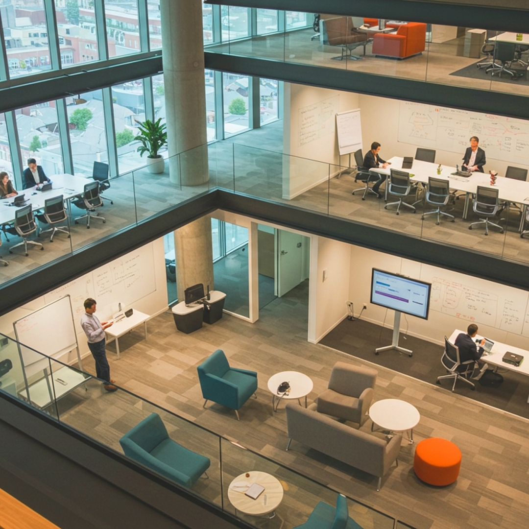 Office teams collaborating across multiple meeting rooms in a modern workplace