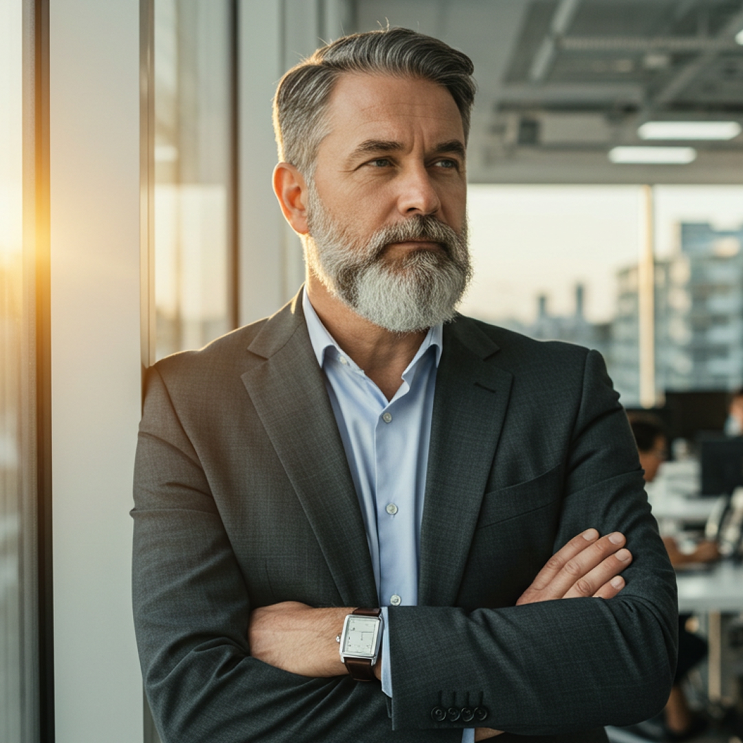 Bearded executive with arms crossed gazing out a window in a modern office at sunrise