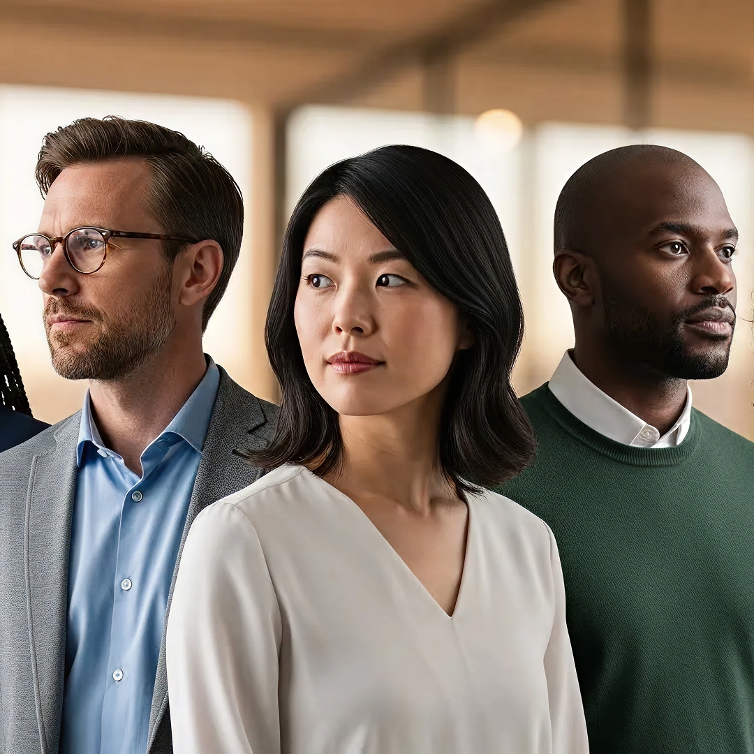 Three business professionals standing together looking off-camera in a modern office, a woman in a cream blouse in the center flanked by two men in business attire.