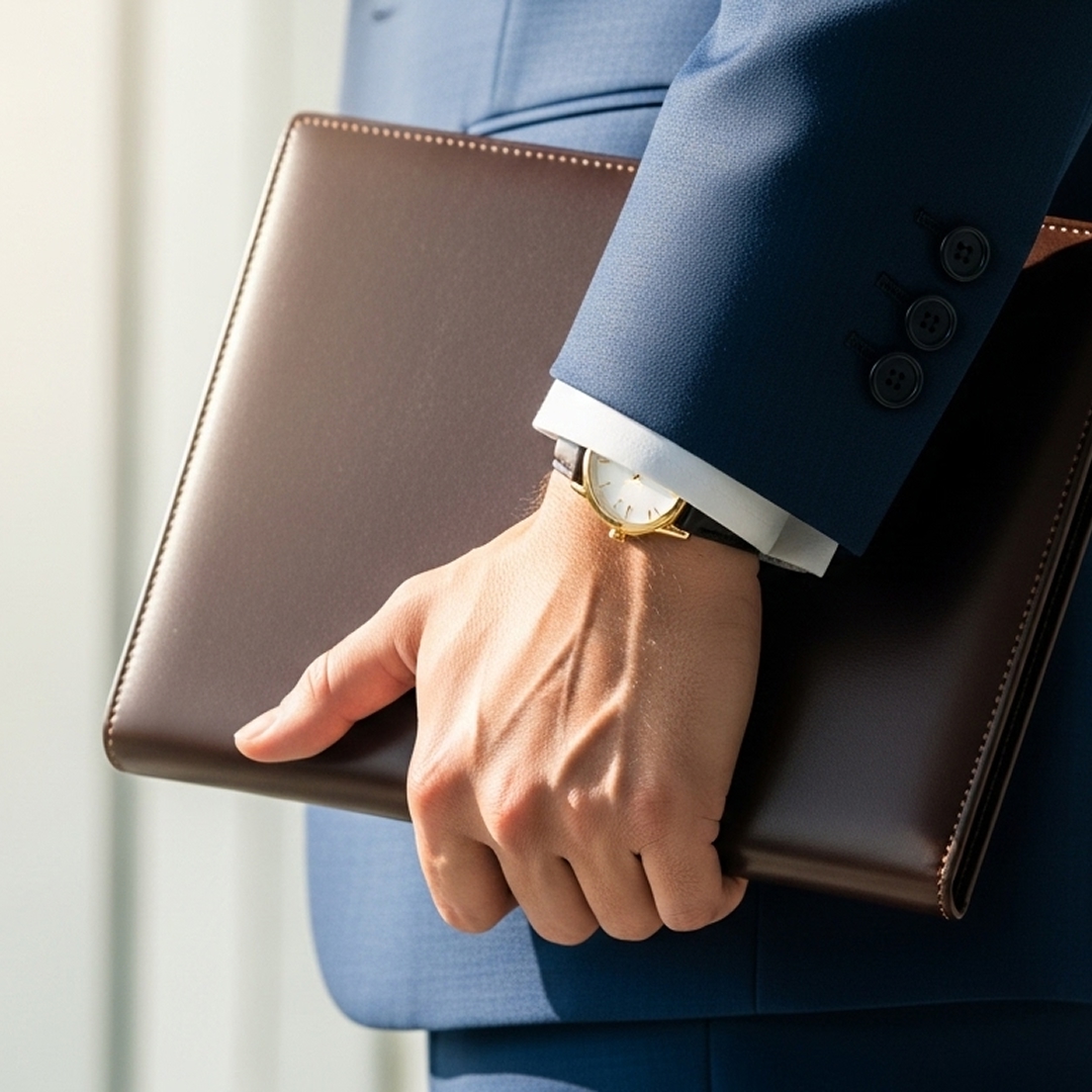 Executive in a blue suit holding a leather portfolio, cropped close to the arm and hand
